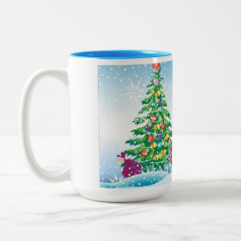 Neujahrsgeschenke auf dem Hintergrund des blauen H Zweifarbige Tasse