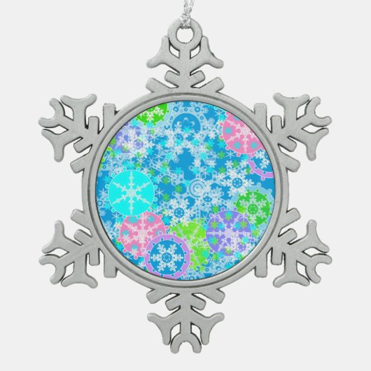 Neujahrsgestaltung Schneeflocken Zinn-Ornament (Vorderseite)