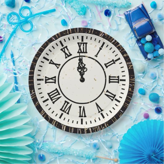 Neujahrskonfetti über Uhr und Feuerwerk Pappteller (Party)