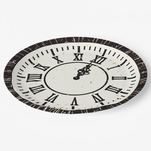 Neujahrskonfetti über Uhr und Feuerwerk Pappteller (Schrägansicht)