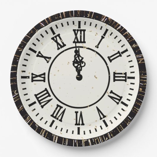 Neujahrskonfetti über Uhr und Feuerwerk Pappteller (Vorderseite)