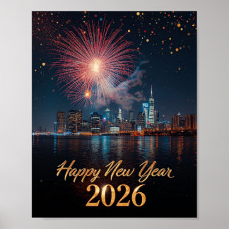 Neujahrsplakat 2026 Stadt Feuerwerk-Feier Poster