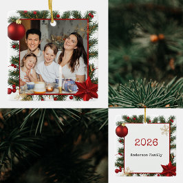 Neujahrsrahmen mit rotem Stern Foto Familie 2026 Keramikornament