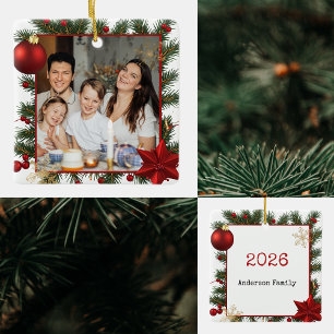 Neujahrsrahmen mit rotem Stern Foto Familie 2026 Keramikornament