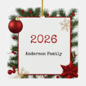 Neujahrsrahmen mit rotem Stern Foto Familie 2026 Keramikornament (Rückseite)