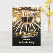 Neujahrstag Geburtstag Champagner und Feuerwerk Karte (Gelbe Blume)