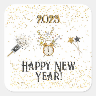 Neujahrsuhr, Sterne, Glitter, Sternstäbe Quadratischer Aufkleber