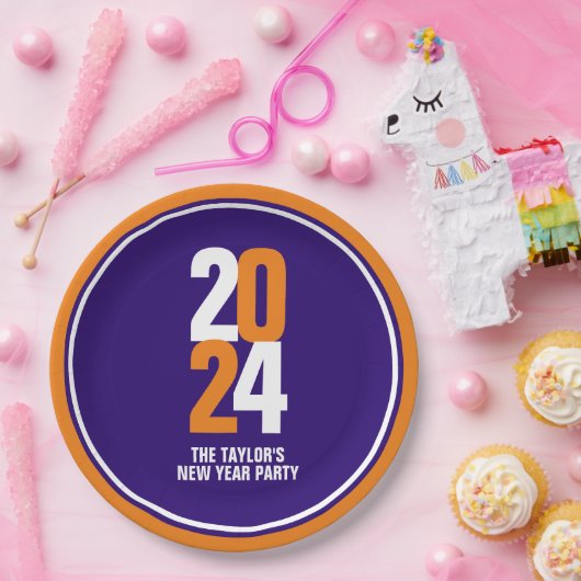 Neujahrsveranstaltung 2024 in Orange, Weiß, Dunkel Pappteller (Party)