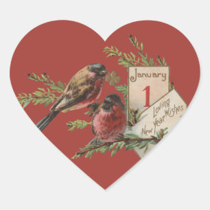 Neujahrsvögel Antike Feiertagskarte Herz-Aufkleber
