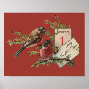 Neujahrsvögel Antike Feiertagskarte Poster