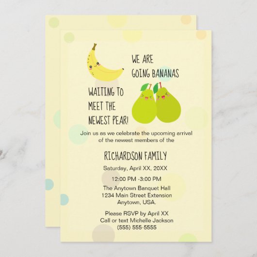 Neulinge Pear Gender Neutral Twins Baby Dusche Einladung (Vorne/Hinten)