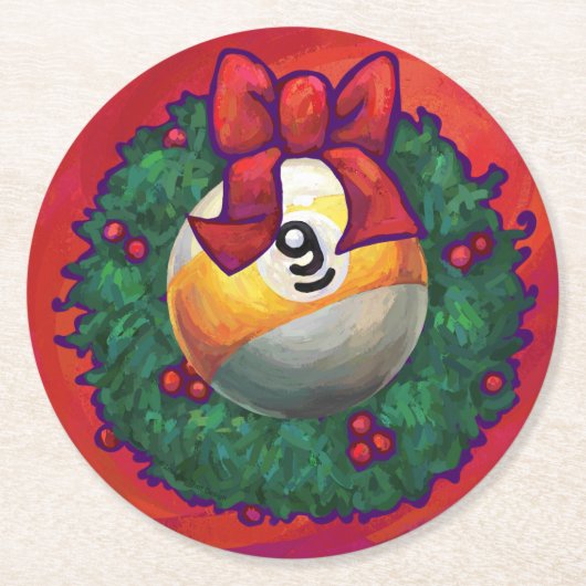 Neun Ball in Weihnachtskranz auf Rot Runder Pappuntersetzer (Vorderseite)