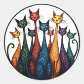 Neun farbenfrohe Katzen - Whimsical Felice Art Runder Aufkleber (Vorderseite)