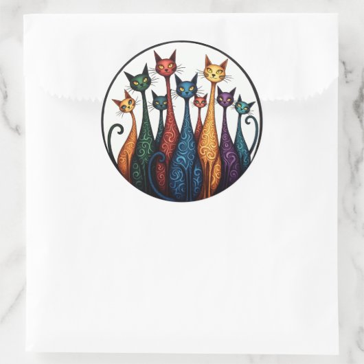 Neun farbenfrohe Katzen - Whimsical Felice Art Runder Aufkleber (Tasche)