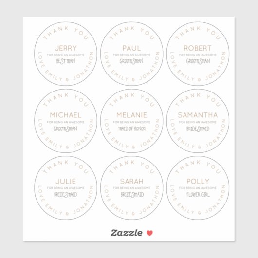 Neun individuelle Namen Danke Brautparty Klein Aufkleber (Blatt)