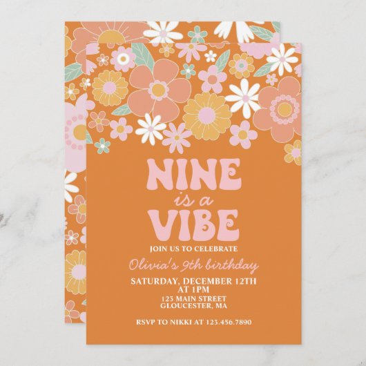 Neun ist ein lebhafter Groovy Retro Floral 9. Gebu Einladung (Vorne/Hinten)
