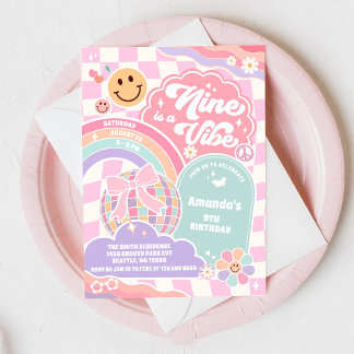 Neun Ist Ein Vibes Groovy Regenbogen Disco 9. Gebu Einladung