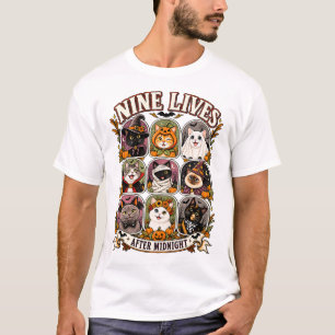 Neun Leben nach Mitternacht Halloween-Katzen T-Shi T-Shirt