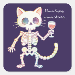Neun Leben Neun Cheers Süße Skelett-Katze Hallowee Quadratischer Aufkleber