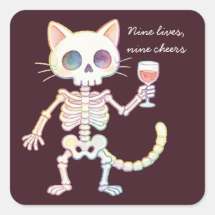 Neun Leben Neun Cheers Süße Skelett-Katze Hallowee Quadratischer Aufkleber