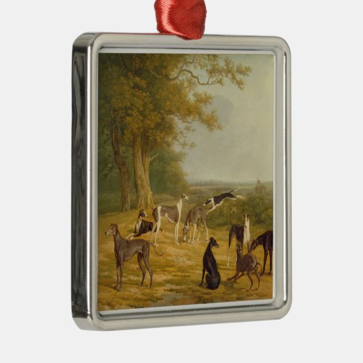 Neun Windhunde in einer Landschaft (Öl auf Silbernes Ornament (Rechts)