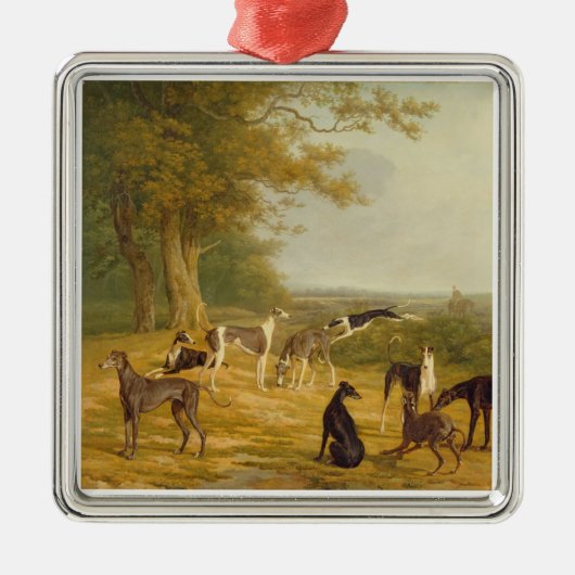 Neun Windhunde in einer Landschaft (Öl auf Silbernes Ornament (Vorne)