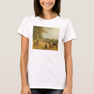 Neun Windhunde in einer Landschaft (Öl auf T-Shirt