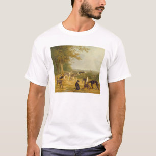 Neun Windhunde in einer Landschaft (Öl auf T-Shirt
