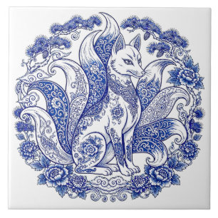 Neunschwänziger Fuchs Kitsune Imari-Stil Blau Weiß Fliese