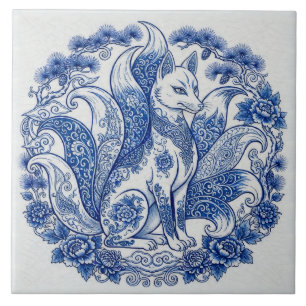 Neunschwänziger Fuchs Kitsune Imari-Stil Blau Weiß Fliese