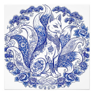 Neunschwänziger Fuchs Kitsune Imari-Stil Blau-Weiß Fotodruck