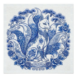 Neunschwänziger Fuchs Kitsune Imari-Stil Blau Weiß Fotodruck