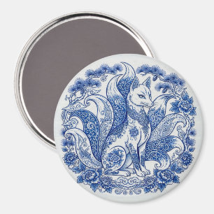 Neunschwänziger Fuchs Kitsune Imari-Stil Blau-Weiß Magnet