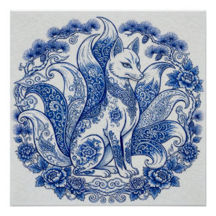 Neunschwänziger Fuchs Kitsune Imari-Stil Blau-Weiß Poster