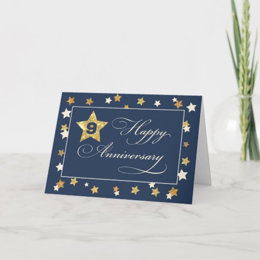 Neunte Anniversary Navy Gold Effect Stars Karte (Vorderseite)
