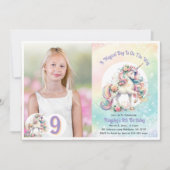 Neunte Einhorn Geburtstag Pastel Radiant Rainbow Einladung (Vorderseite)