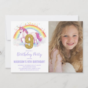 Neunte Rainbow Unicorn Geburtstag Einladungen Foto