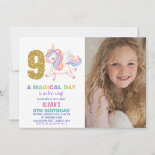 Neunte Rainbow Unicorn Geburtstagseinladungen mit  Einladung