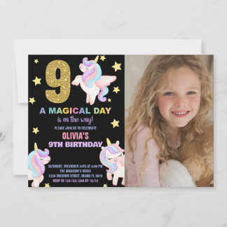 Neunte Rainbow Unicorn Geburtstagseinladungen mit  Einladung