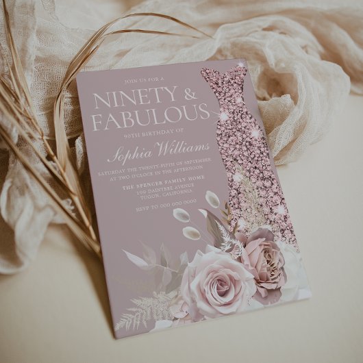 Neunzig & Fab! Gown Dusty Rose Floral 90. Geburtst Einladung
