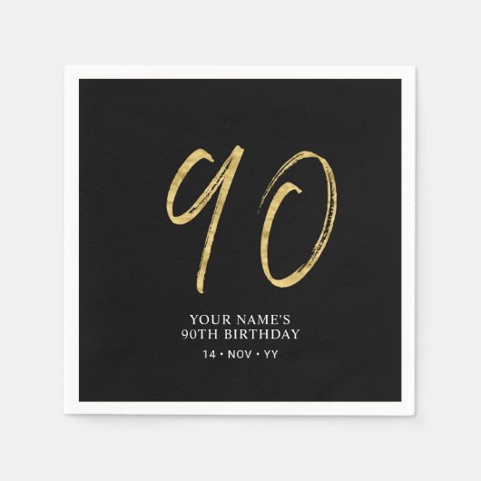 neunzig | Gold & Black Lettering 90. Geburtstag Serviette (Vorderseite)