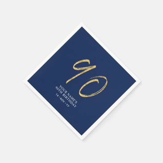 neunzig | Gold & Navy Blue Lettering 90. Geburtsta Serviette (Ecke)