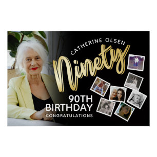 Neunzig goldene 90. Geburtstag 8 Fotos auf Schwarz Poster