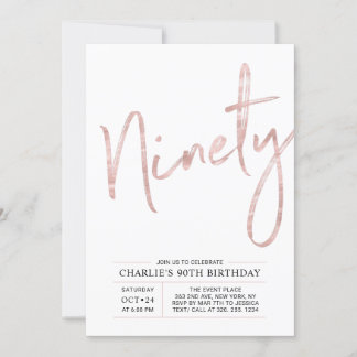 neunzig | Moderne Rose Gold 90. Geburtstagsparty Einladung