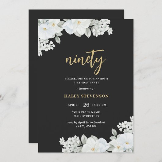 Neunzig Schwarz & Gold Weiße Flora Elegante Geburt Einladung (Vorne/Hinten)