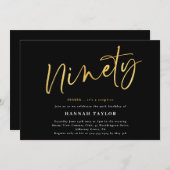 Neunzig Schwarze Gold 90. Geburtstag Einladung (Vorne/Hinten)