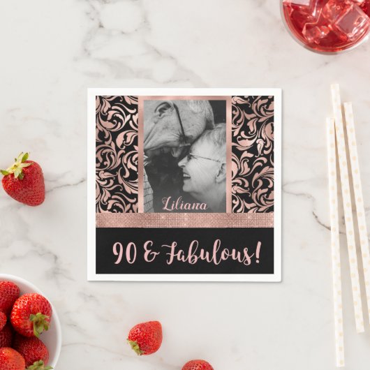 Neunzigste und fabelhafte Rose Gold Damask 90. Geb Serviette (Beispiel)