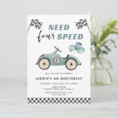 Neurer Speed Race Car 4. Geburtstag Einladung (Stehend Vorderseite)
