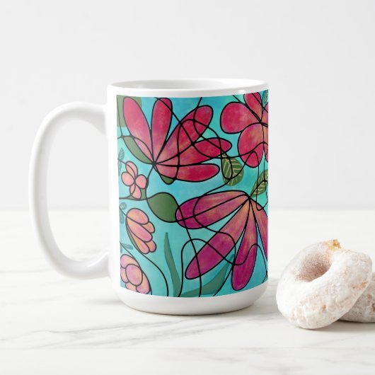 NEUROGRAFISCHE FRÜHSTÜCKSBLUMEN WASSERFARBEN KAFFEETASSE (Mit Donut)