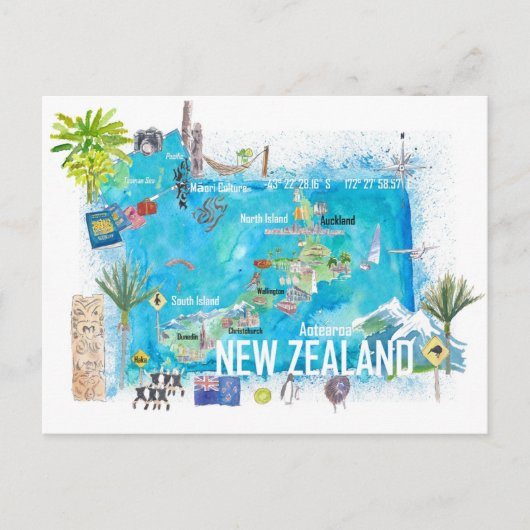 Neuseeland Illustrierte Reisekarte Postkarte (Vorderseite)